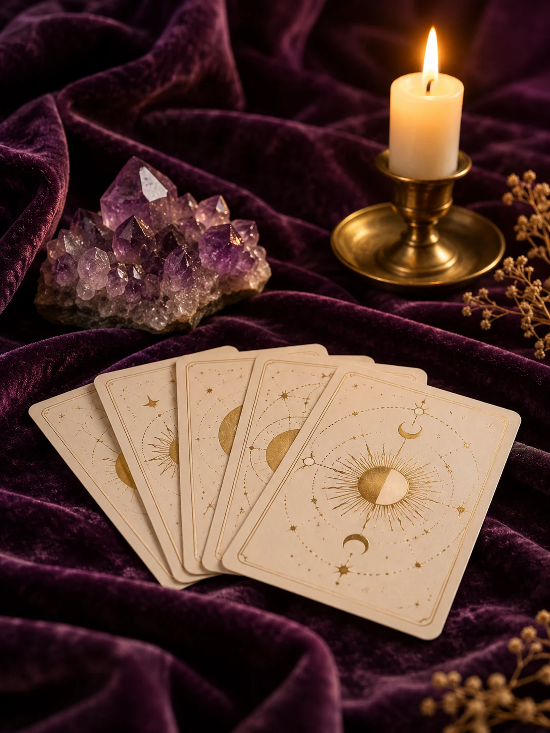 Tarot cards, an amethyst crystal, and a candle arranged on rich purple velvet